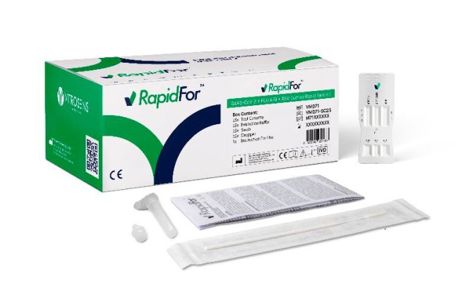 Vitrosens RapidFor SARS-CoV-2 / Corona +FLU A/B+ RSV Combo Testkassetten zum professionellen Gebrauch [25 Stück]