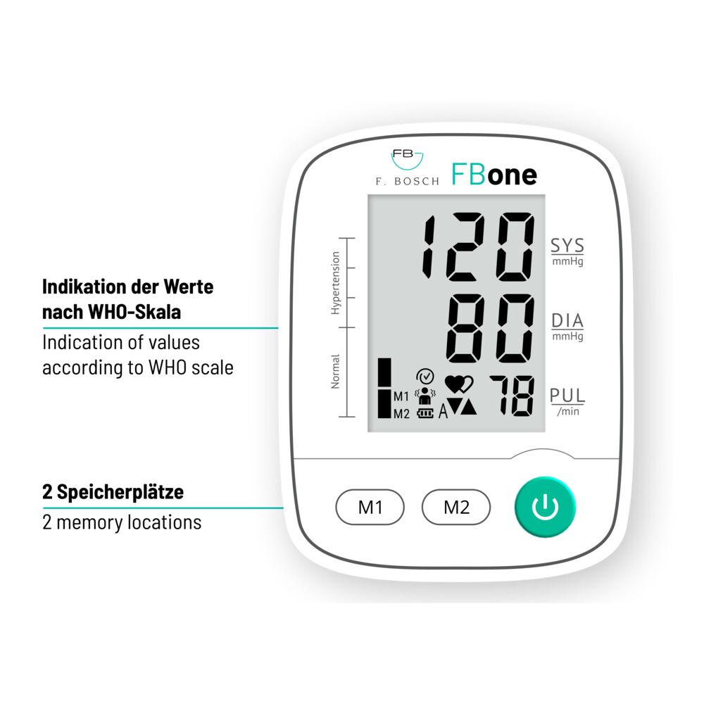 FBone digitales Oberarm-Blutdruckmessgerät für den professionellen Gebrauch MDR konform Manschette für Armumfang 22-42 cm USB Kabel 3 x AAA Batterien