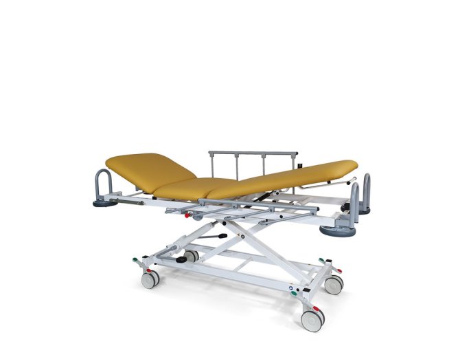 Transport- und Aufwachliege Serie DX1-H hydraulisch höhenverstellbar 3-teilig (Liegefläche 1950 x 700 mm) Gestell RAL 9006 [2060 x 780 x 520-970 mm]