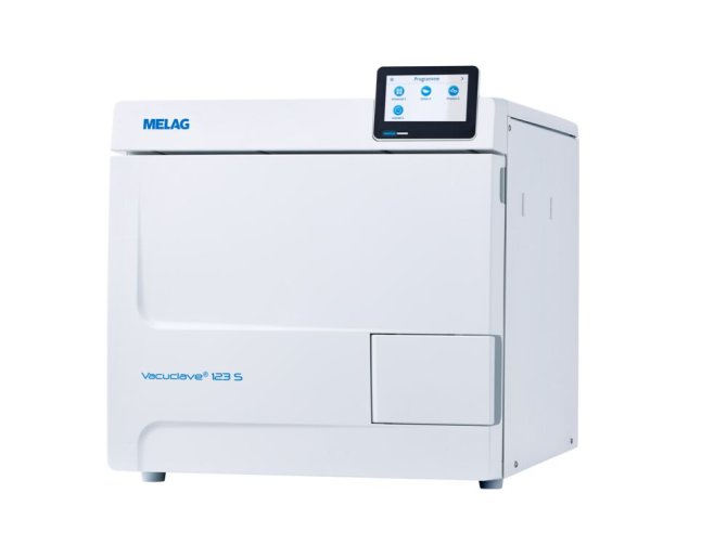 Pro 123S Paket bestehend aus: 1x Vacuclave 123 S, 1x Halterung A Plus, 3x Tablett, 1x MELAcontrol Typ 5 Indikator