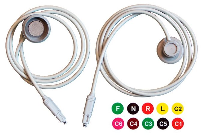 Strässle Elektroden-Saugleitungssatz steckbar, 6 x Silber-Silberchlorid-Elektroden, 1 m mit Codierscheiben (C1-C6) 4x Silber-Silberchlorid-Elektroden 1,3m mit Codierscheiben (R,L,F,N)