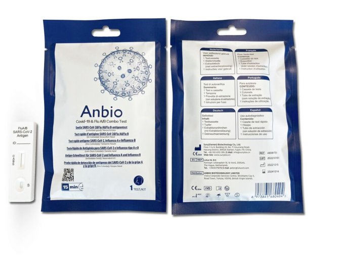 Anbio Covid-19 & FLU A/B Combo Test Antigen-Schnelltest für SASRS-CoV-2 Corona rund Influenza A und B Nasenabstrich Inhalt: 1 Testkassette, 1 Extraktionsröhrchen mit Lösung, 1 Tupfer