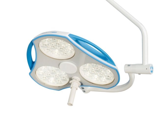 OP-Leuchte Mach LED 300DF SC Deckenmodell ohne Netzteil mit zentralem Federarm für Raumhöhe zwischen 2,81m und 3,00m