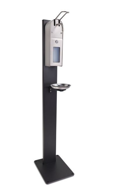 Säulenspender Tresoro VA 1000 ml bestehend aus: Bodensäule, Verschlußkappe, Bodenplatte RAL7021 anthrazit, Tresoro Spender absperrbar, Abtropfschale, inkl. Schlüssel Leerflasche RAL3020 rot