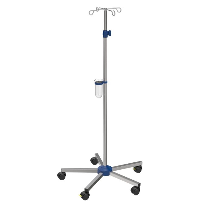 Infusionsständer Normalstation, verchromt mit Fußbeschwerung, Kunststoffteile blau