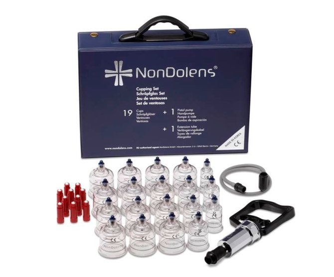 NonDolens Schröpfglas-Set 19 Schröpfgläser aus Kunststoff mit Ventil, Handpumpe und Verlängerungskabel