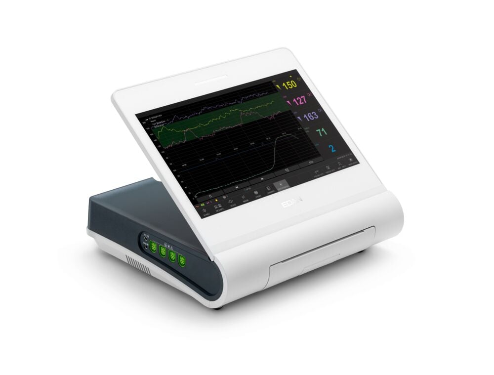 F12 Zwillings Fetal- und Maternal CTG kabelgebunden Lieferumfang: 2x FHR-Aufnehmer, 1x Toko-Aufnehmer mit maternalem EKG 3x Gurte 1x Packung CTG-Papier Akku (2550 mHA)