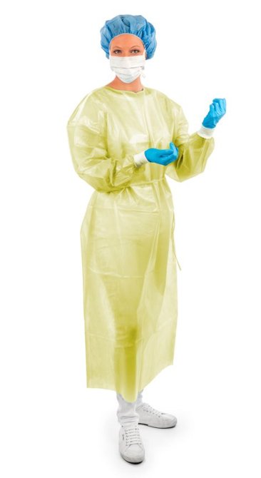 Schutzkittel PP/PE gelb, Blut- und virendicht MRSA-geeignet zum Binden DIN EN 14126 mit Strickbündchen [Gr. L] [10 Stück]