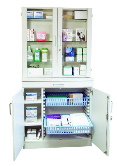 Medikamentenschrank, Oberteil Glastüren, Unterteil Modulkorb, weiß